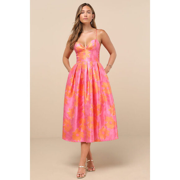 Lulus Dresses & Skirts - NWT! Lulus Vivinna Pink And Orange Floral Jacquard Pleated Midi Dress - Size S